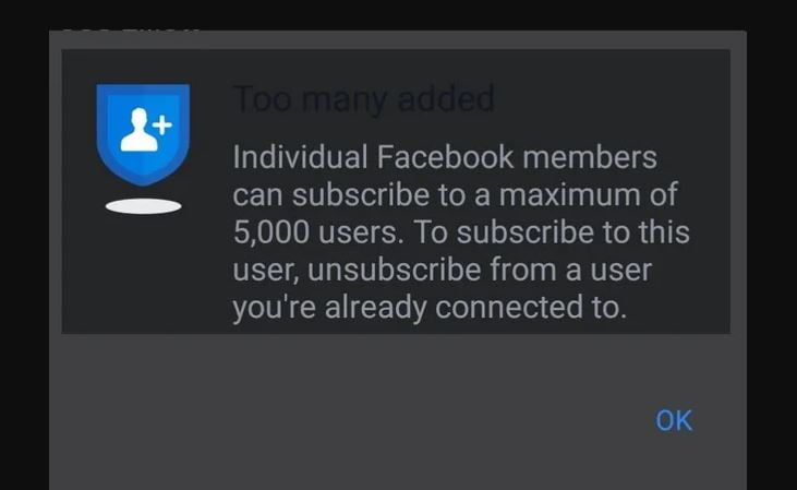 individual facebook members can subscribe to a maximum of 5000 users. to subscribe to this user, unsubscribe from a user you're already connected to.